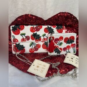 🍓🍒VIRAL SOL and MER Beaded Flap Cherry & Strawberry Clutch & Coin Pouch🍓🍒NWT